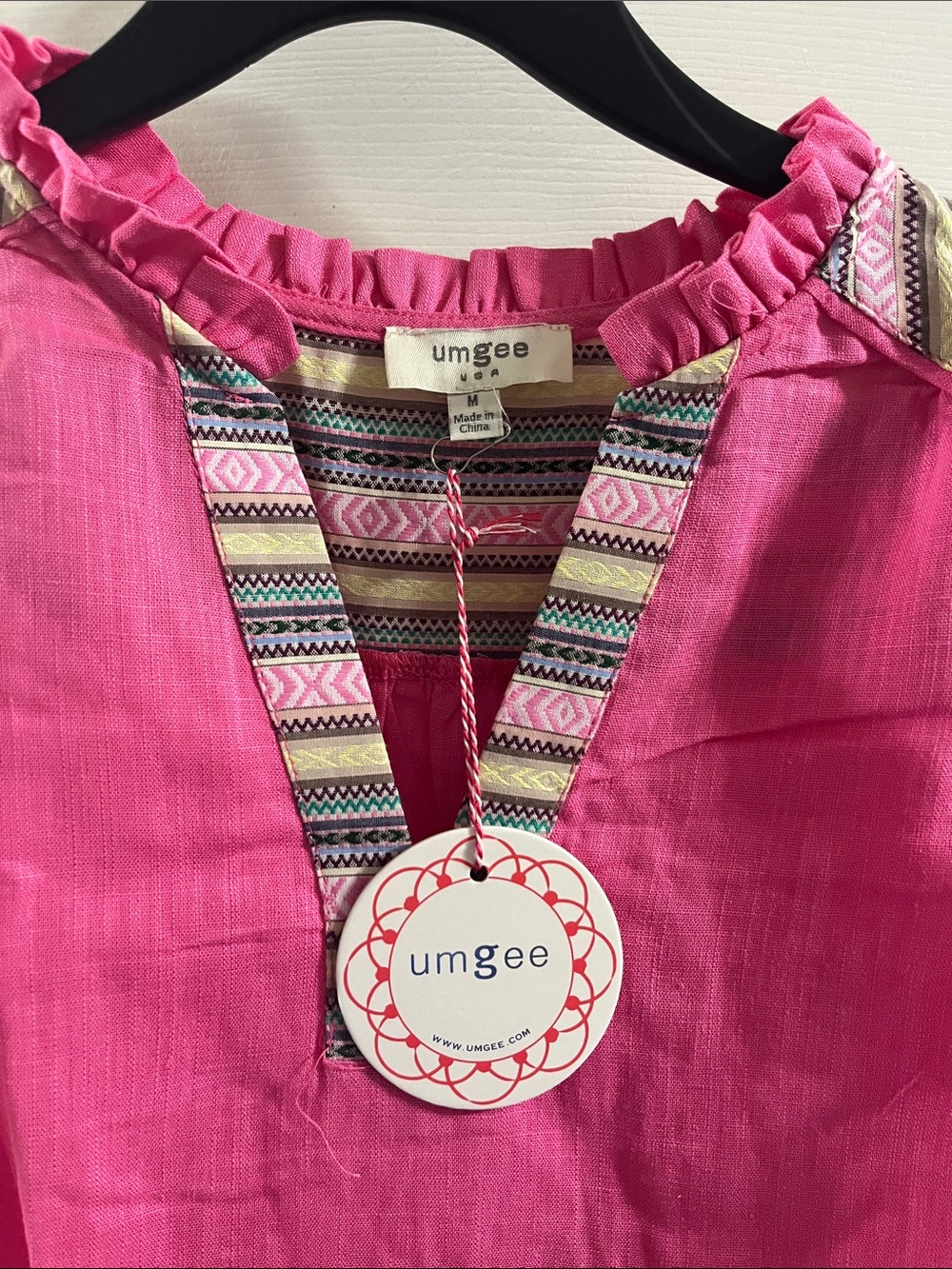 Women’s Umgee Hot Pink Ruffle Sleeve Blouse with Patterned Trim. - Picture 2 of 4